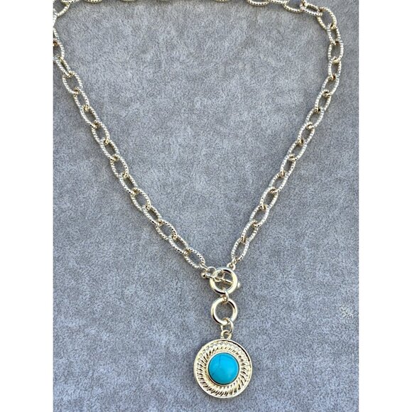 Silver Chain Necklace With Turquoise Pendant Faux Turquoise Bead & Toggle Clasp - Picture 2 of 4